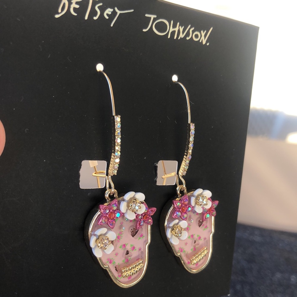 NEW Betsey Johnson Rhinestone Floral Skelton Hoop Earrings/For Halloween - Picture 9 of 16